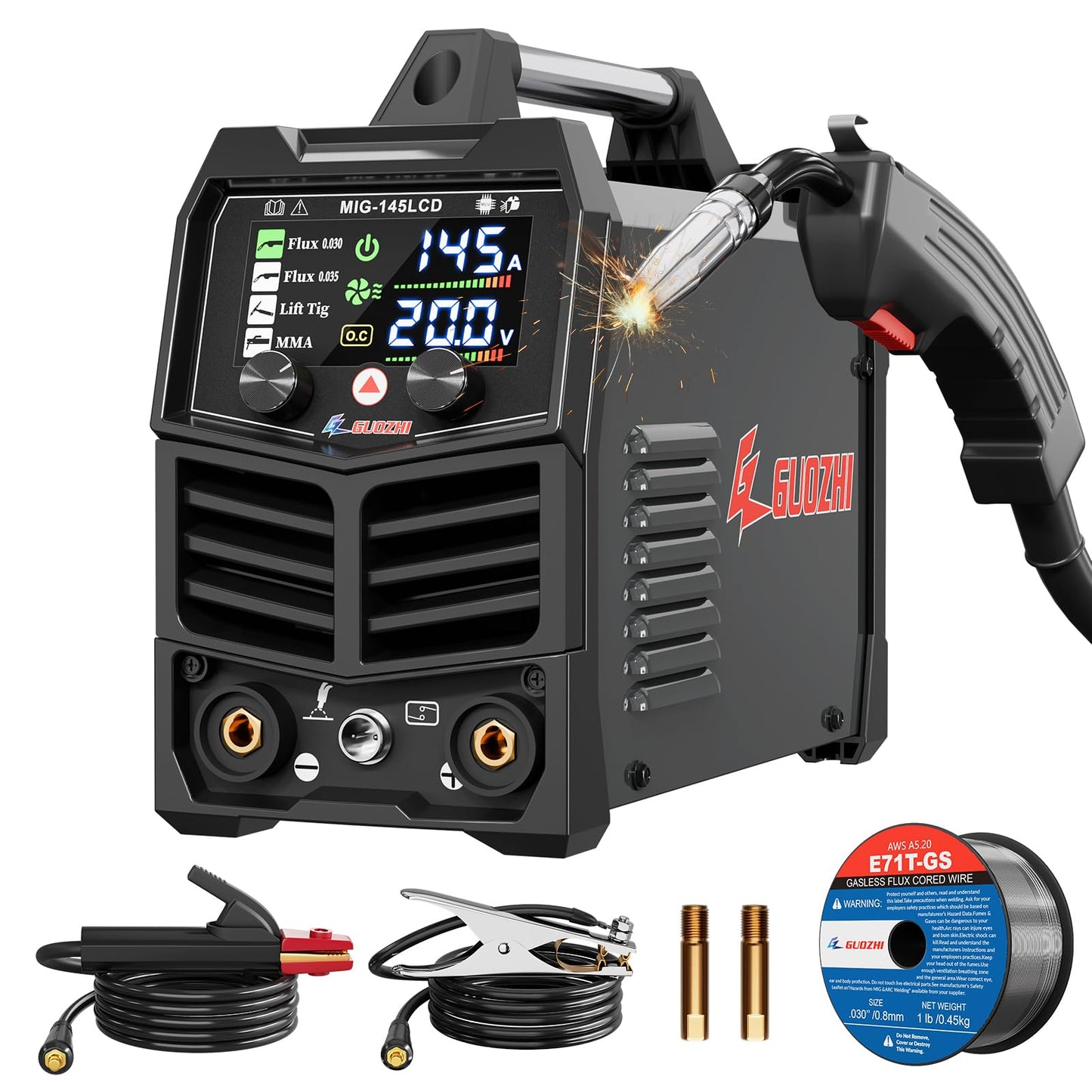 GZ GUOZHI 145A MIG Welder, 3 in 1 Welders FLUX MIG/Lift TIG/ARC Multi-Process Welder, 110V Welding Machine, ‌Flux Core Welder with upgrade Large LCD Screen