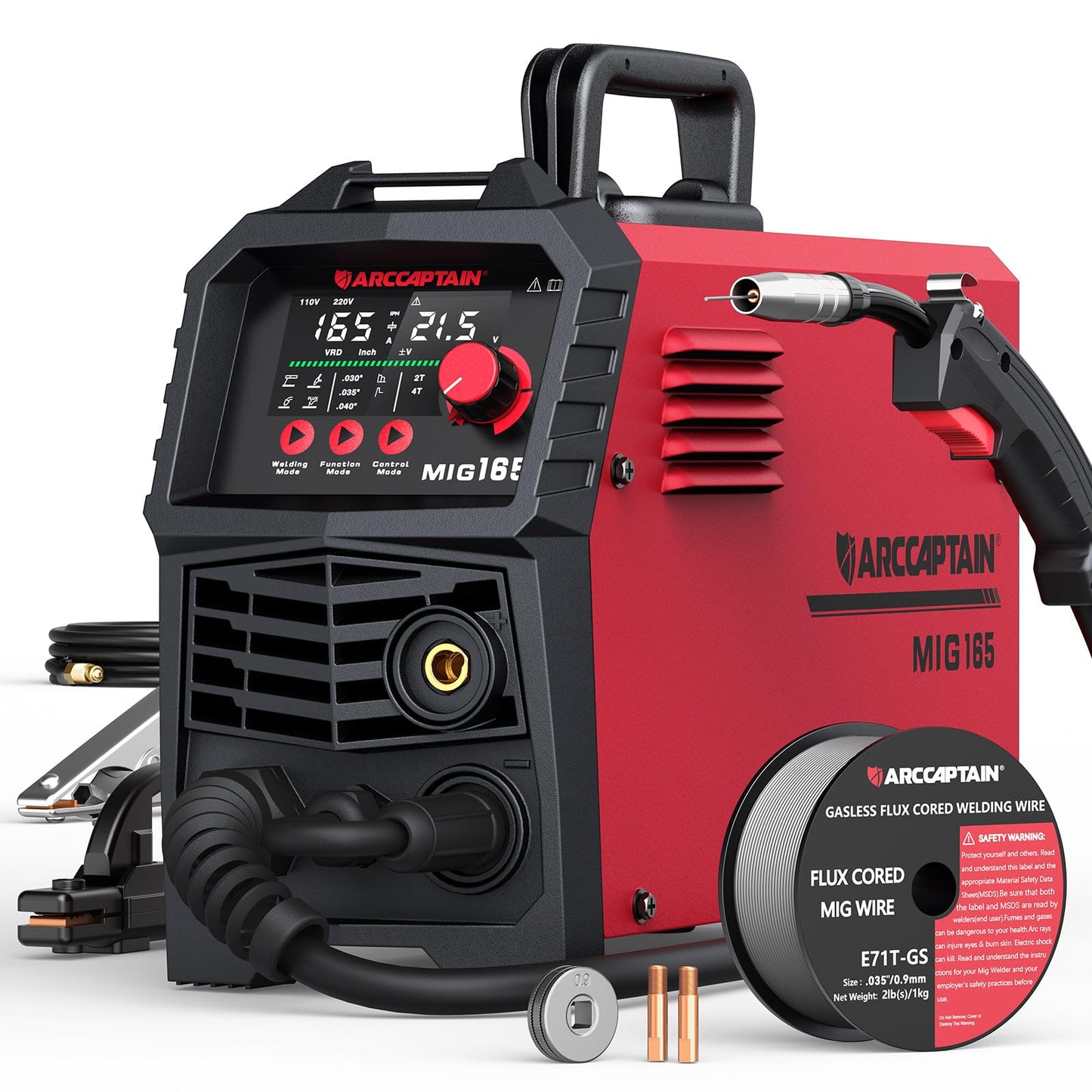 ARCCAPTAIN 165A MIG Welder 110V/220V [Large LED Display] 4 in 1 Gasless/Gas MIG/Lift TIG/Stick Welding Machine Multiprocess Welder Machine, IGBT Inverter Welder with Synergy, 2T/4T