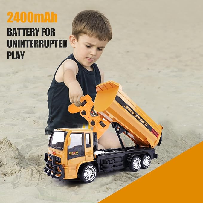Remote Control Dump Truck for Kids 2.4GHz RC Construction Vehicle with LED Lights 45° Dumping Function 2 Rechargeable Batteries Toy Truck for Boys Girls 3 4 5 6 7 8 Years Old