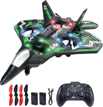 Drones for Kids Form RC Plane Remote Control Airplane Aircrafts for Boys and Girls Jet Helicopter Drones with LED Lights 360° Flip 2 Rechargeable Batteries (Green)