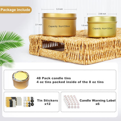 CONNOO 48 Pack Candle Tins - 24pcs 8oz + 24pcs 4oz Matte Gold Candle Jars with Lids for Making Candles, Bulk Empty Candle Containers with Sticky Warning Labels for Candle Making, Storage, and Gift