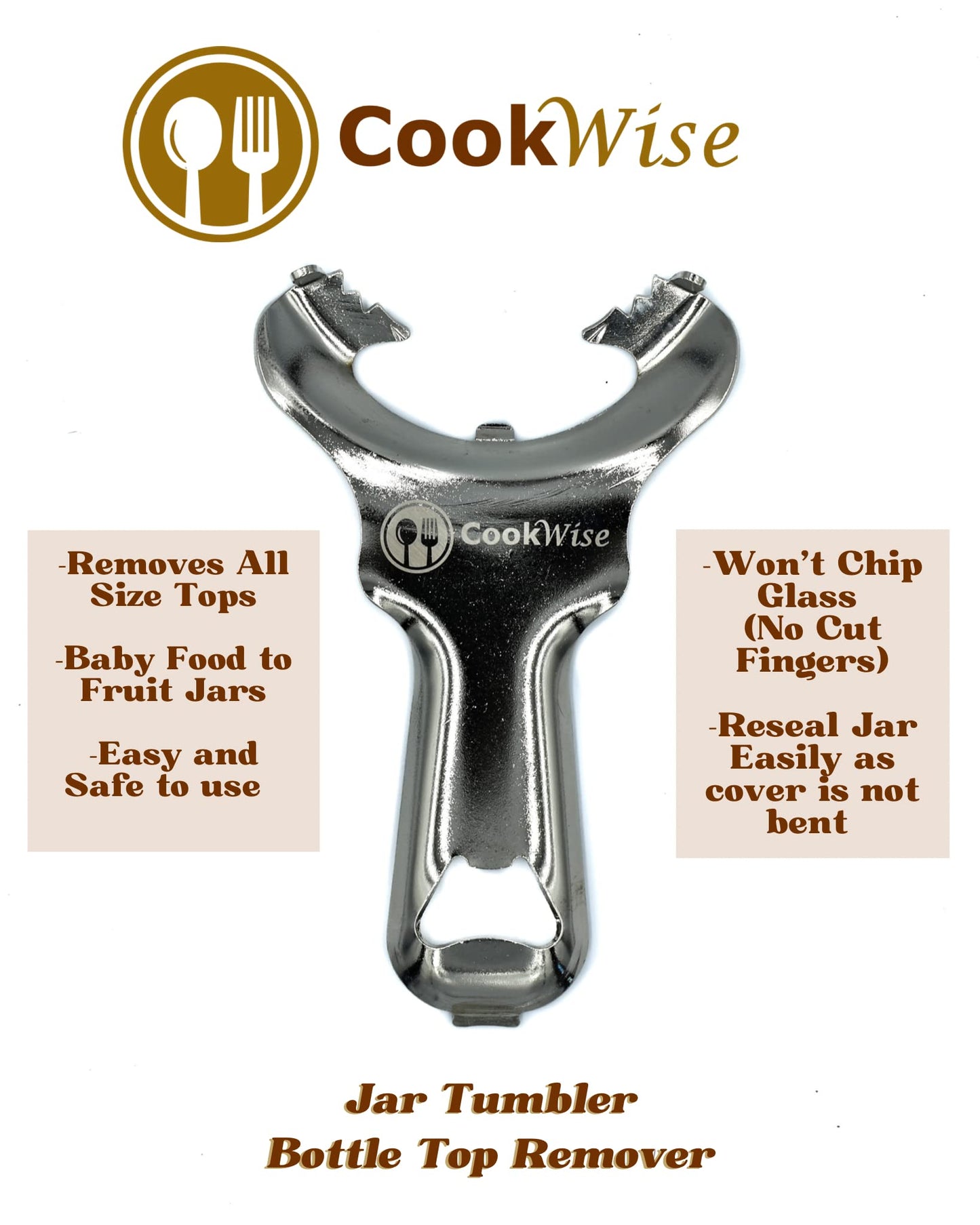 Cookwise Mason jar opener no lid dents or damage multi-purpose easy twist manual handheld top remover utensil made for lifetime