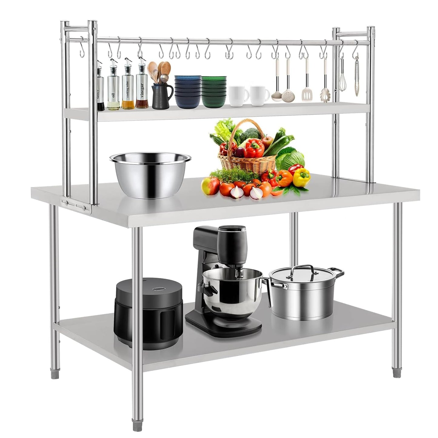BouPower 60" x 36" Stainless Steel Table with Shelves, Commercial Work Table with 2-Tier Adjustable Overshelves, Heavy Duty Metal Prep Tables for Commercial Kitchen Restaurant Garage Warehouse