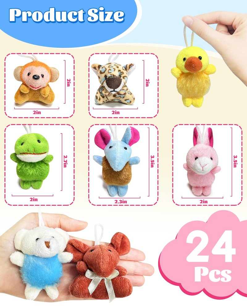 24 Pack Mini Stuffed Animals, Small Plush Keychain Party Favors for Kids 3-5, 4-8, 8-12, Bulk Treasure Box Toys for Classroom Prizes, School Gifts, Easter Basket Egg Goodie Bags Stuffers
