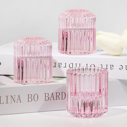 CHOCSTAY Reversible Pink Glass Candle Holder Set of 6, Thick Heat-Resistant Glass Candlestick Holders for Taper, Tealight, Votive, LED Candles, Perfect for Wedding, Party, Home Décor