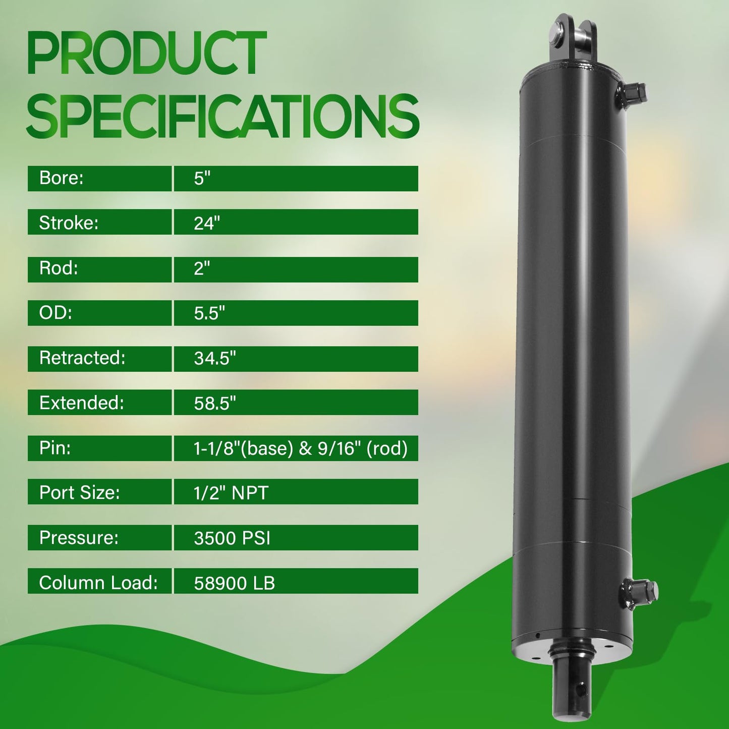 5"x24" Heavy Duty Hydraulic Cylinders Log Splitter Hydraulic Cylinder Double Acting Universal Hydraulic Cylinder 5" Bore 24" Stroke 2" Rod 3500 PSI