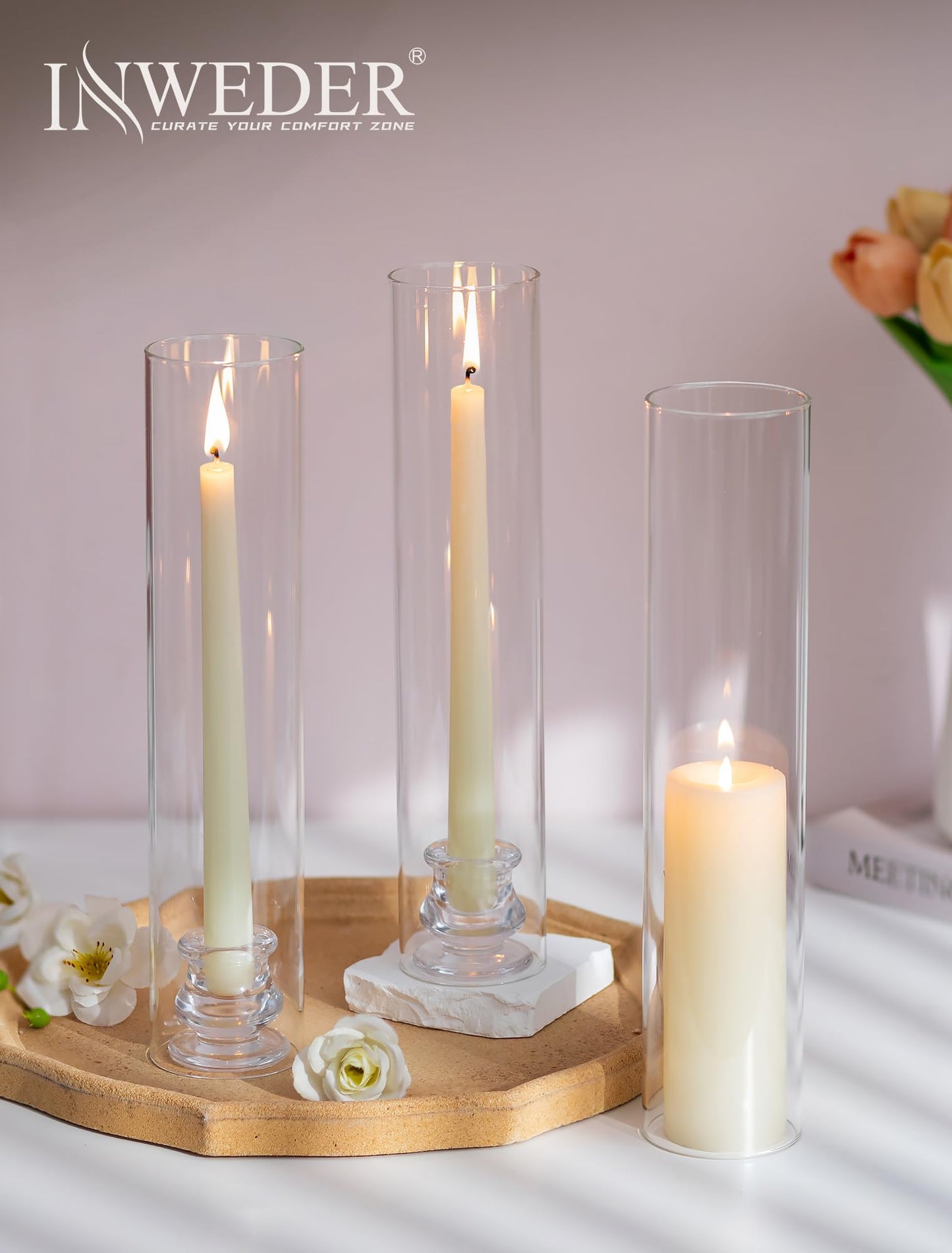 Inweder Glass Hurricane Candle Holder: 12" Tall Candlestick Holder with Cylinder Windproof Cover Clear Taper Candle Holders for Wedding Party Birthday Christmas Home Decor Set of 2