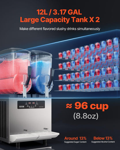VEVOR Commercial Slushy Machine, 12Lx2 Double Tank Frozen Drink Machine, 96 Cups Stainless Steel Margarita Smoothie Frozen Drink Maker, Slushie Machine for Home Party Restaurants Cafe Bars