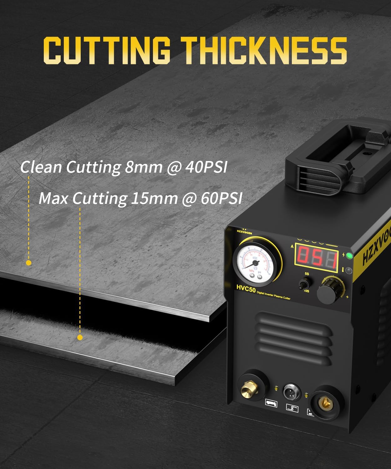 H HZXVOGEN Plasma Cutter with 400A G Style Earth Clamp, 50A Portable Plasma Cutter with Post Flow, 110/220V Dual Voltage Digital Display DC IGBT Inverter HF Air Plasma Cutting Machine