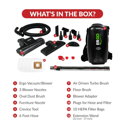 Atrix Ergo Backpack Canister Vacuum, Portable Cleaner with Attachments for Professional and Residential Use, VACBP10 Premium Bundle