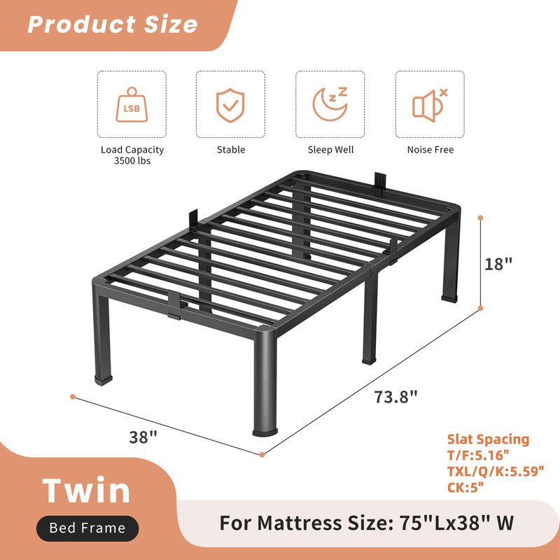 VIPSHOW 18 Inch Twin Heavy Duty 3500 lbs Bed Frame with Round-Corner Legs & Anti-Squeak Design – Quick Assembly Metal Platform, No Box Spring Needed