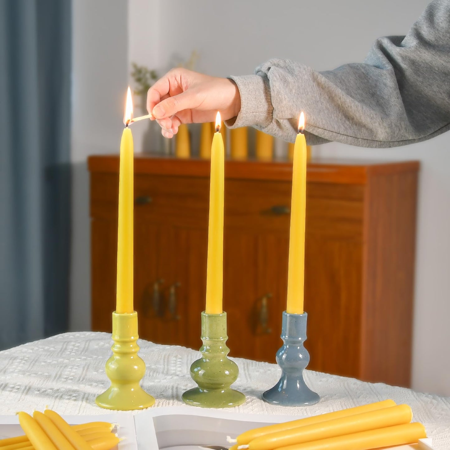DEYBBY 9 inch Natural Beeswax Taper Candles Set of 12, Smokeless and Dripless Pure Organic Beeswax Candles, Long Lasting Burning for Dinner Room Decor Emergency Housewarming Gift, Nontoxic