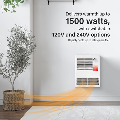 9815WH Large Capacity Electric Wall Heater with Built-in Adjustable Thermostat and Silent Motor, Overheat Protection, 1500 Watts, 120/240 Volts, White