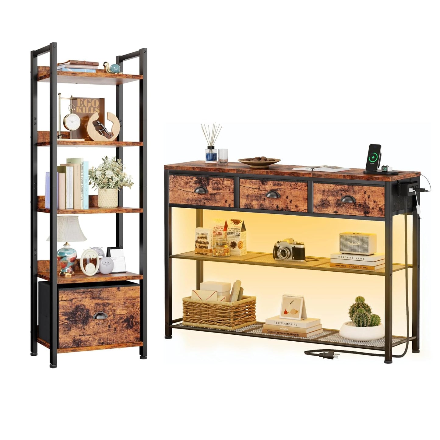 Furologee 5 Tier Bookshelf with Drawer & Console Table with Charging Station, 3 Drawers and LED Light