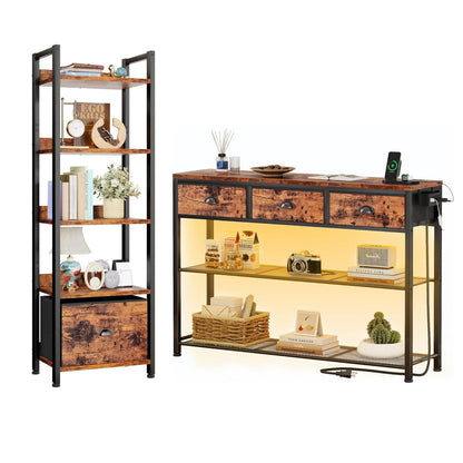Furologee 5 Tier Bookshelf with Drawer & Console Table with Charging Station, 3 Drawers and LED Light