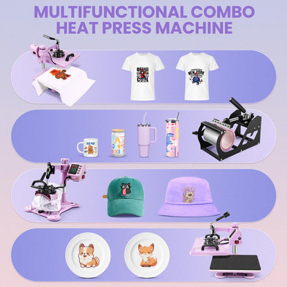 Heat Press Machine for Tshirts, 5 in 1 Heat Transfer Machine, 12" X 15" Heat Printing Press for Sublimation Combo with 360 Degree Rotation Swing Away for T-Shirt Hat Cap Mug Plate, Pink Purple