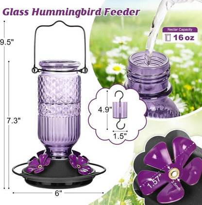 FEED GARDEN Glass Hummingbird Feeder - 16 Oz Outdoor Feeder with 4 Bee Guard Ports & Ant Moat | Purple, 2 Pack