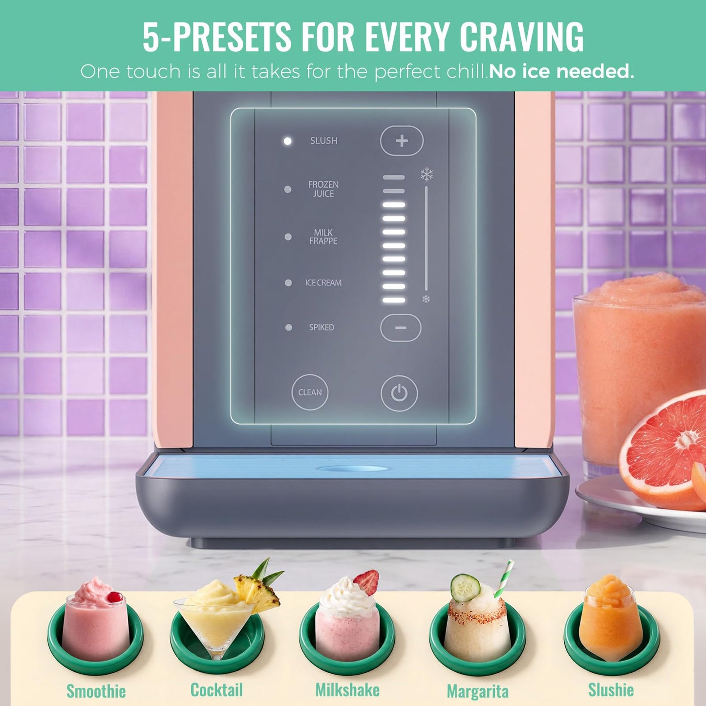 Slushie Machine for Home, 66oz Smart Frozen Drink Maker, 5 Programs & Clean Mode, No-Ice-Needed Slushy Maker for Margaritas, Smoothies, Milkshakes, Cocktails, and Soft Serve Ice Cream (Peach)