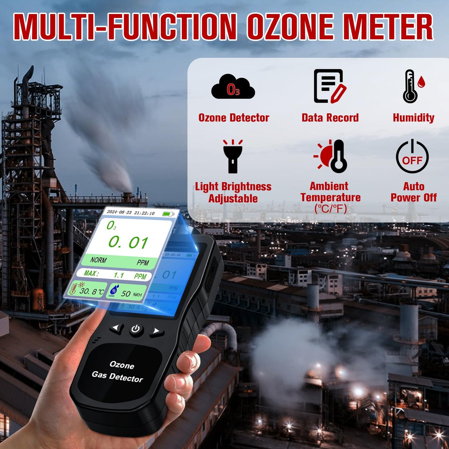 ZYKYCX Portable Ozone Detector, 0-20 PPM Ozone Gas Monitor with 0.01 PPM High Resolution, 16H Long Battery Life, Ozone Meter with Alarm, O3 Air Quality Monitor with Temp & Humidity Tester