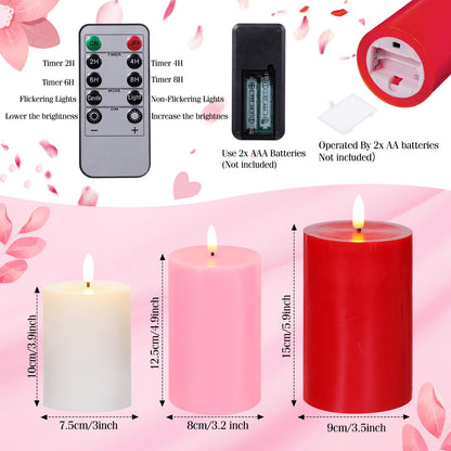 Grinsvalley 3 Pcs Mother's Day Flameless Candles Battery Operated Wax LED Flickering Flameless Pillar Candles with Remote for Home Table Dating Wedding Party Decor