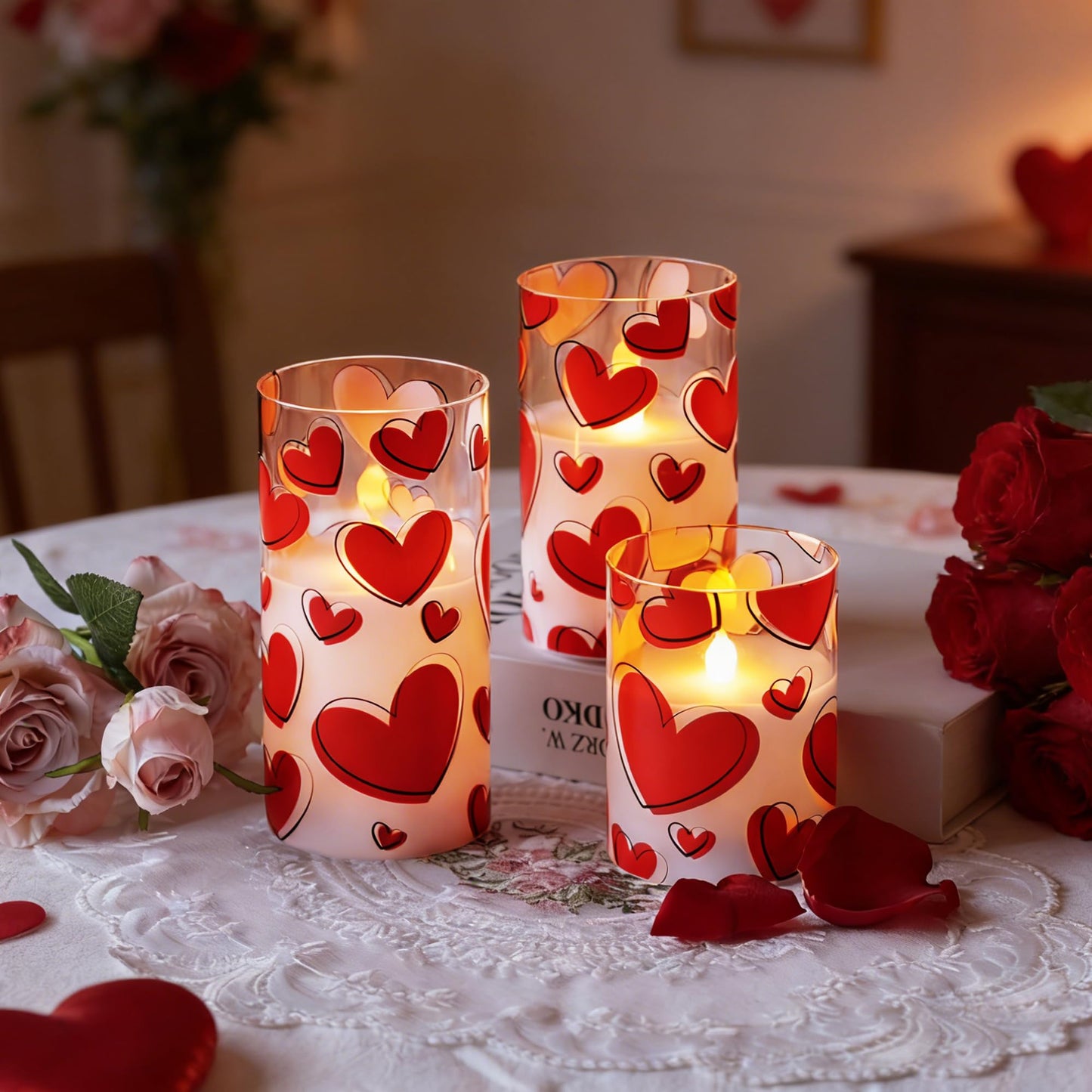 AFINETH Valentines Day Flameless Candles with Remote, Red Heart Glass Battery Operated Candles, Real Wax Flickering LED Pillar Candles for Proposal Wedding Anniversary Romantic Night, 3 Pack