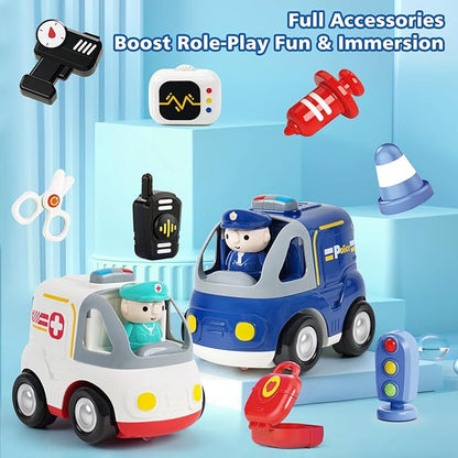 BEMITON 2.4GHz Remote Control Toy Cars for Toddlers - Interactive Police Car &amp Ambulance with Lights and Music Birthday Gifts for Boys and Girls Ages 18+ Months 2 3 4 5 Year Old