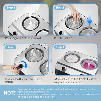 Homtone 2 Flavor Ice Cream Maker,Automatic Compressor Ice Cream Maker Machine with 2 Bowls,2.6QT (2 x 1.3qt) Largest Capacity & Fastest Freezing Ice Cream Machine, 3 Modes, Keep Cool Function