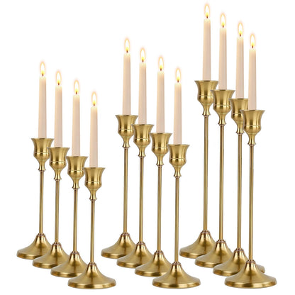 Oakernel French Gold Taper Candle Holders 4 Sets(12 Pcs) - Tall Metal Candlestick Holders for Table Centerpiece, Formal Dinner, Wedding, Fireplace Mantel Decor, Fits 3/4 Inch Thick Candles