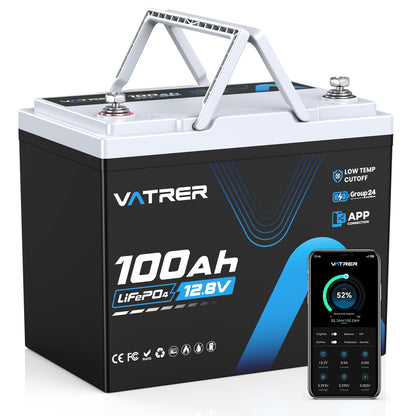 150A BMS 12V 100Ah Group 24 Lithium Battery with APP Monitoring, Rechargeable LiFePO4 Trolling Motor Battery, Multi-Protection, 1.92kW Max Load Power for RVs, Boats, Off-Grid, Home Energy Storage, etc