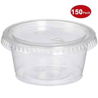 DuraHome Plastic Portion Cups with Lids 2 oz. Pack of 150 Leakproof Jello Shot Cup Mini Containers for Salad Dressing Sauce Condiment Snack Souffle and Salsa, Disposable