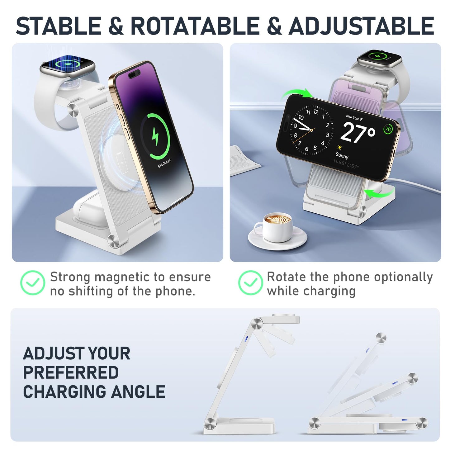 Magnetic Wireless Charger Stand, 3 in 1 Foldable Wireless Charging Station with 20W Adapter, Travel Charger for Multiple Devices for iPhone 17 16 15 14 13 12 Pro/Max/Plus/Mini, iWatch, AirPods