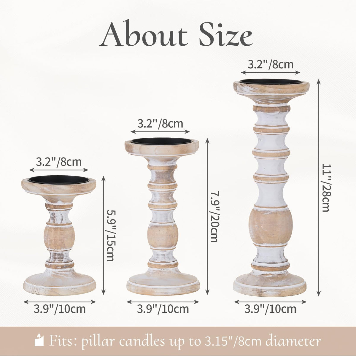 Wood Candle Holders for Pillar Candles - Tall Rustic Candle Holder (Set of 3), Large Farmhouse Candle Holders Candle Stand, Pillar Candle Holder Set for Table Centerpiece, Fireplace, Home, White