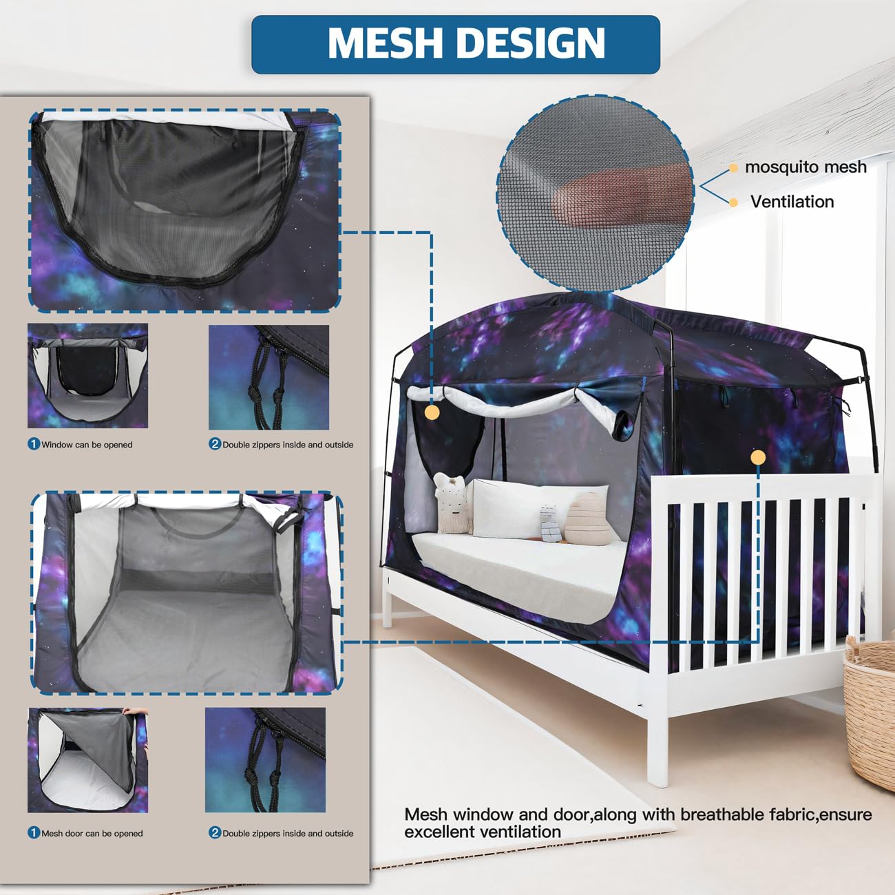 Bed Tent,Portable Privacy Sleeping Bed Canopy,Blackout 90% Drapes for Kids and Adult,Twin Size Indoor Space Tent with Breathable Large Mesh Windows