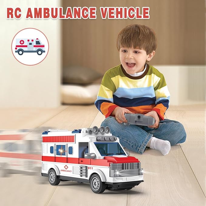 Dollox 1/30 Remote Control Ambulance 2.4G RC Play Car Toy 4 Channel Electric Ambulance Vehicles Emergency Rescue Cars with Lights Opening Door Gifts for Kids Boys Girls Age 3 4 5 6 7