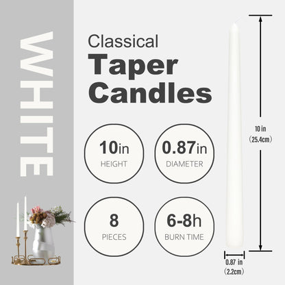 8 Pack 10 Inch White Christmas Candlesticks Long Burning Time and Dripless Taper Candles for Dinner Home Decor Wedding Shower