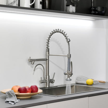 Fapully 3 in 1 Kitchen Faucet with Water Filler and Pull Down Sprayer,Brushed Nickel Commercial Kitchen Sink Faucet with Drinking Water Faucet