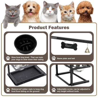 Elevated Slow Feeder Bowls for Large Dogs - Adjustable Height, 2 Stainless Steel Bowls, Spill-Proof Mat - Great for Medium Dogs Too (Black)