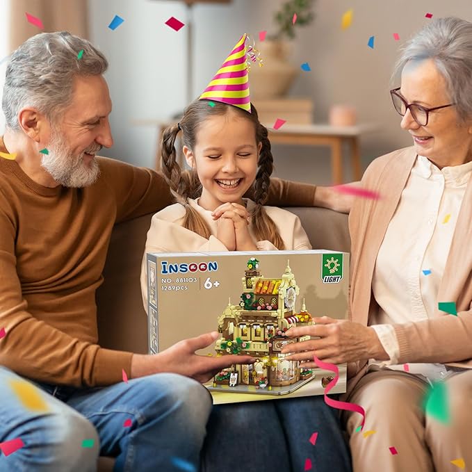 City Bakery Cafe House Building Set with Light 1289 PCS Baking Shop Building Block Toy with Coffee Cake Bread Bakery Room Pastry Construction Model for Adults Teens Kids Boys Girls Ages 8-12+