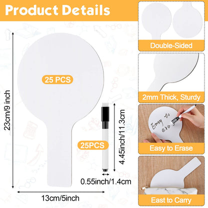 25 Sets 5x9 Inch Answer Dry Erase Paddles and 25 Black Marker Set Handheld Small Dry Erase Board Double Sided Auction Paddles Handheld Whiteboard for Classroom Voting Answering Auction Bidding
