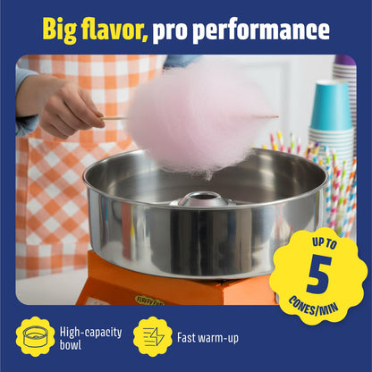 Wumple Cotton Candy Machine Kit Bundle with Flavored Sugars & Cones - Commercial Electric Cotton Candy Machine with Supplies, Stainless Steel Bowl for Parties - Orange