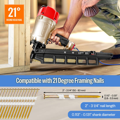meite SN2183F 21 Degree Pneumatic Framing Nailer with 2-3/8 Inch Ring Shank Galvanized Nails 1,000PCS, Air Framing Nail Gun for Decking Sheathing Subfloors