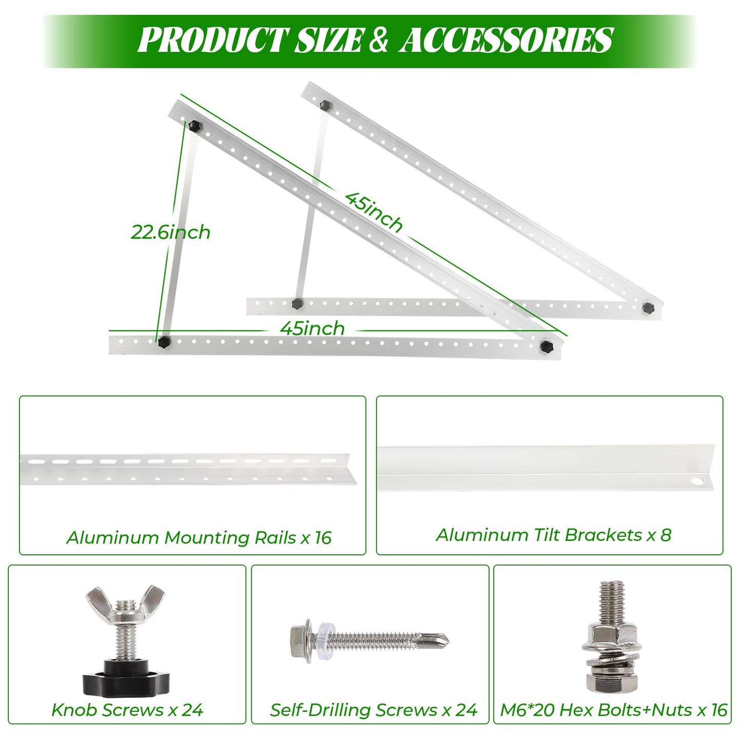 45inch Solar Panel Mounting Brackets, 4 Sets Solar Panel Mounting Kit for 100-400 Watts Solar Panel, 0 to 90° Adjustable Solar Panel Mounting Rails, Lightweight Aluminum Solar Panel Stand