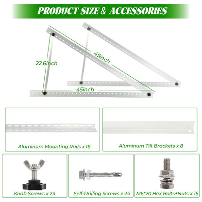 45inch Solar Panel Mounting Brackets, 4 Sets Solar Panel Mounting Kit for 100-400 Watts Solar Panel, 0 to 90° Adjustable Solar Panel Mounting Rails, Lightweight Aluminum Solar Panel Stand