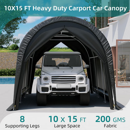 EROMMY Carport 10 x15 FT Heavy Duty, Portable Garage with All-Steel Metal Frame and Round Style Roof, Anti-Snow Car Canopy Outdoor Storage Shelter for Car, Truck, Boat