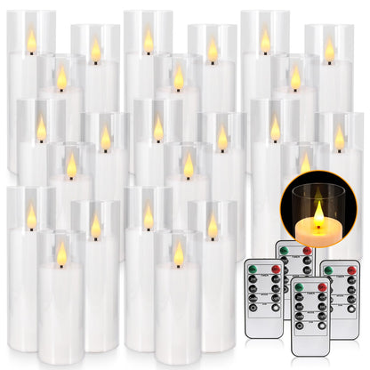 Aamdkcyu 24-Pack Premium Flameless LED Candles - Elegant White & Clear Acrylic Pillar Design with Realistic Flickering Flame, Remote Control & Timer for Weddings, Christmas, Halloween & Home Decor