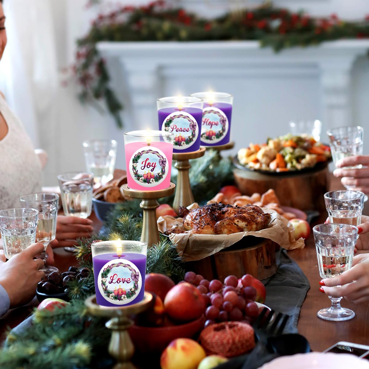 Purple and Pink Christmas Advent Votive Candles in Glass, Unscented 15 Hour Soy Wax Love, Hope, Peace and Joy Candles for Christmas Wedding Table Home Spa Holidays Party, 4 Packs