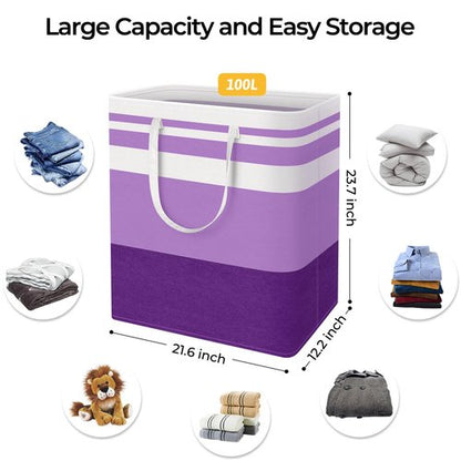 HomeHacks 2 Pack Large Laundry Baskets, Waterproof, Freestanding Laundry Hampers, Collapsible Clothes Hamper with Reinforced Handles in Laundry, College Dorm, Bathroom, Bedroom (Purple, 100Lx2)