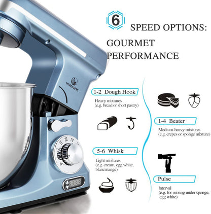 MURENKING Professional Stand Mixer, 6-Qt with Timer, MK37 500W 6-Speed Tilt-Head Food Electric Mixer Kitchen Machine,Plastic (Silver Blue)