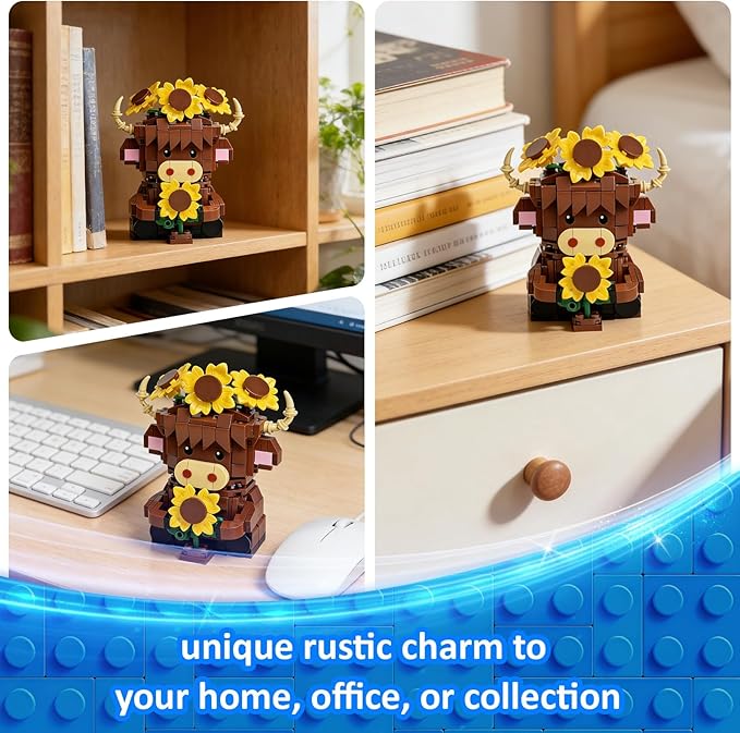 Highland Cow Building Blocks Set Collectible Animal Building Toy Creative Scottish Cow Sunflower Brick Set for Adults &amp Kids (Age 3+) DIY Home Office Decor STEM Education-Gift Ideas