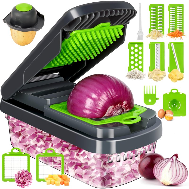 Yusshn Vegetable Chopper,12-in-1 Multifunctional Food Chopper,Professional Onion Chopper with 7 Blades,Vegetable Cutter with Container for Salad,Potato,Carrot,and Garlic; Essential Kitchen Tool(Grey)